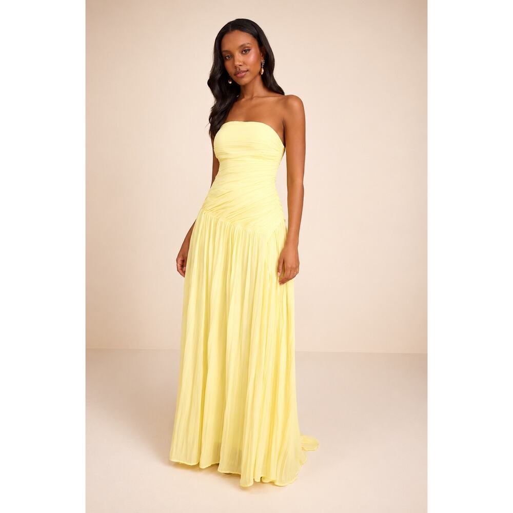 NWT Lulus Nellie Light Yellow Pleated Strapless Maxi Dress Size Large
